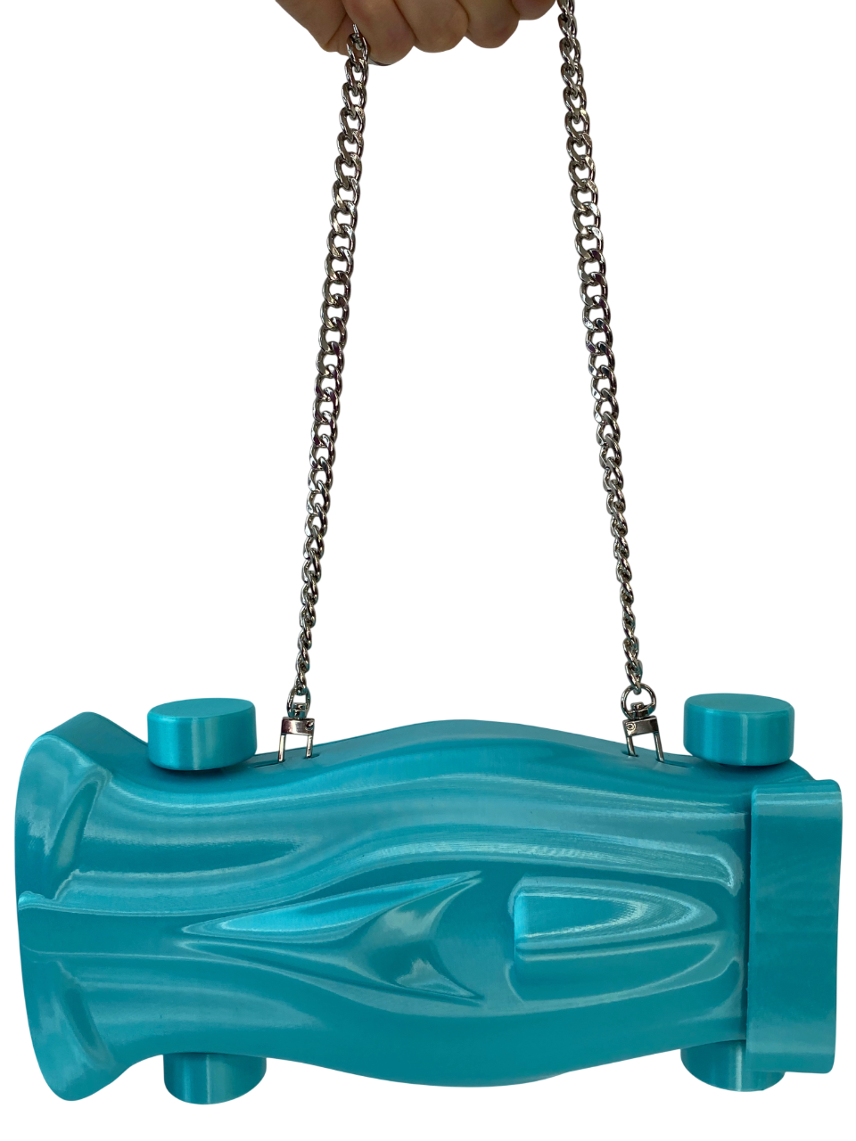 3D-printed sculptural purse in aqua, F1-inspired design, iUNGO LABS