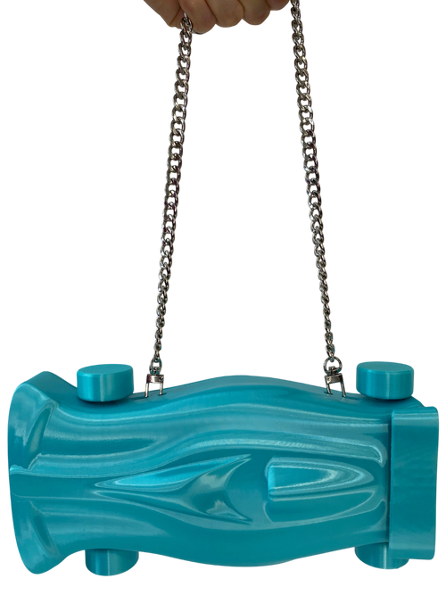 3D-printed sculptural purse in aqua, F1-inspired design, iUNGO LABS