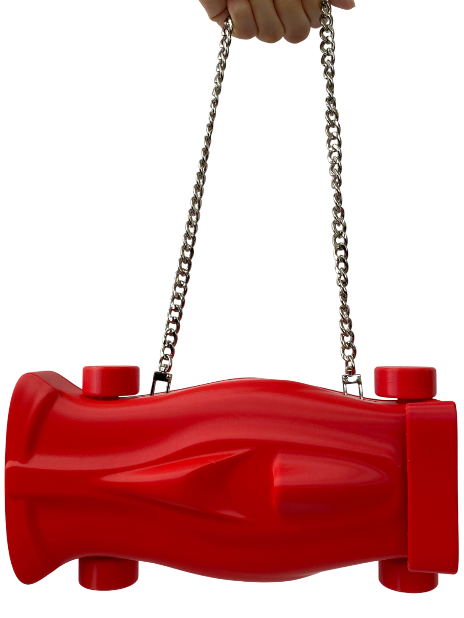 3D-printed sculptural purse in red, F1-inspired design, iUNGO LABS