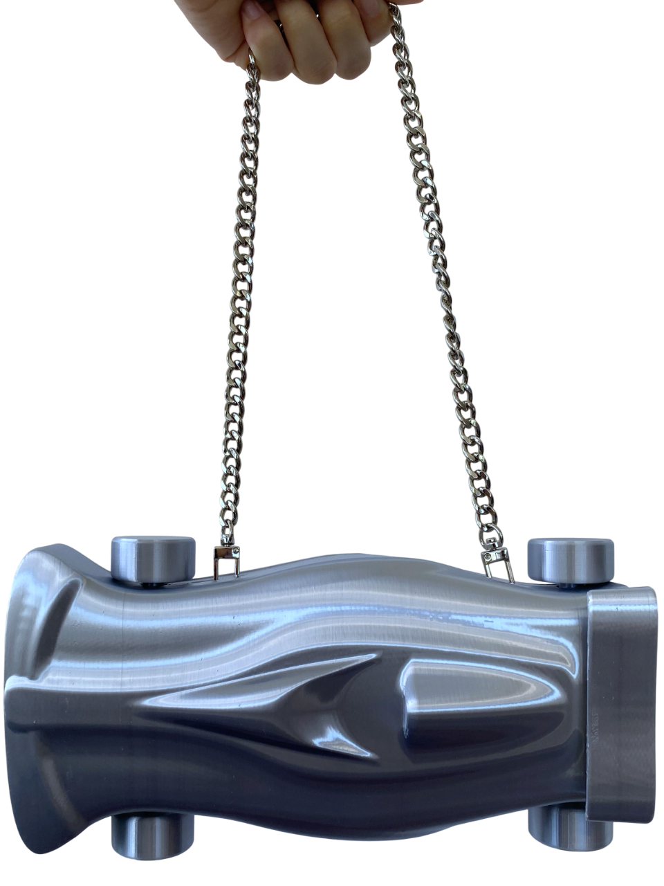 Silver purse with shoulder strap, shaped like a formula 1 race car.