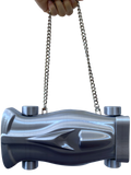 Silver purse with shoulder strap, shaped like a formula 1 race car.