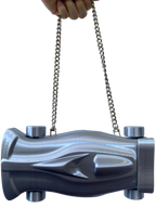 Silver purse with shoulder strap, shaped like a formula 1 race car.
